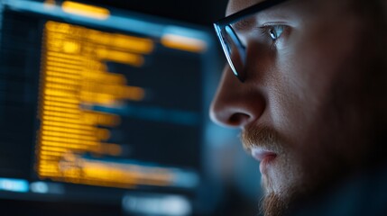 Focused programmer analyzing code, young adult male with beard wearing glasses, illuminated screen in dim workspace, tech theme.