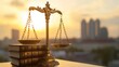 © ahmad - Justice scales, books, city sunset, legal concept, balance,  background