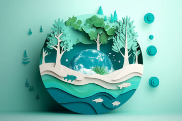 Wall Mural - paper art , ecology and world water day , saving water and world environment day, environmental prot