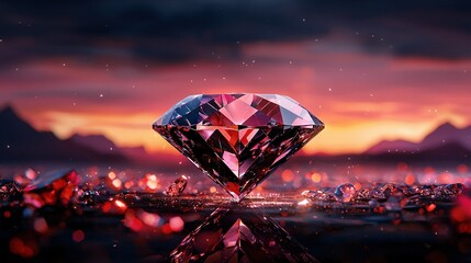 Wall Mural - a stunning pink diamond sparkles amidst lush greenery and majestic mountain ranges, casting a serene