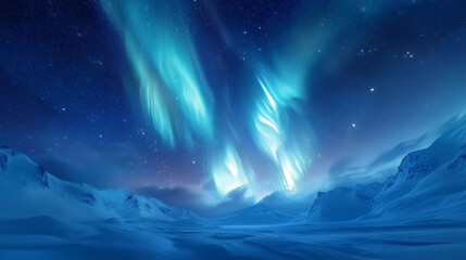 Wall Mural - Deep blue sky adorned with swirling aurora lights illuminating the night in spectacular cosmic display