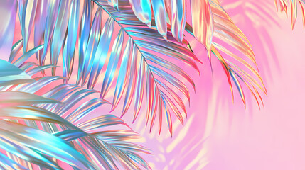 Wall Mural - holographic palm leaves pink background