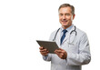 © Deamard - A professional doctor with a smile, holding a digital tablet in a medical environment, isolated on a transparent background.