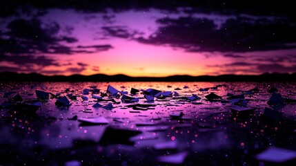 Wall Mural - a flotilla of paper boats adrift on a tranquil body of water beneath a vibrant amethyst and obsidian