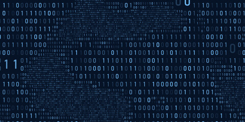 Abstract binary code cloud background. AI learning on data cyber field. Futuristic digital technology.