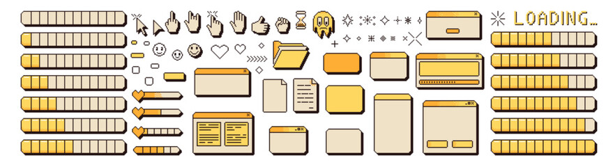 pixel art windows interface vintage. 8 bit browser and menu elements with cursors and loading bar. p