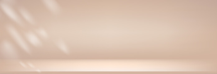 Studio beige gradient background with sunlight . Light neutral wall product room. Minimal pastel table scene. Empty desk stage for beauty cosmetic presentation. Vector illustration. Banner template.