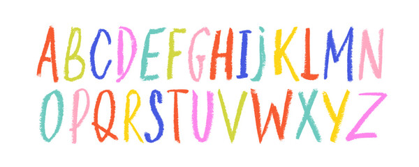 Aufkleber - Crayon drawn childish cute font. Hand-drawn colorful simple vector alphabet. Rough doodle font drawn with wax crayon, pencil or pastel. Scribbled kid's typography. Color pencil children letters.