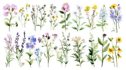 Wall Mural - set of different watercolor wild spring flowers isolated on white or transparent background