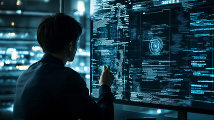 Programmer working on computer code on big screen at night in office