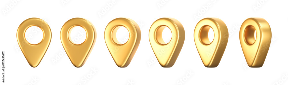 3D gold location pointer icon set isolated on a white background. A ...