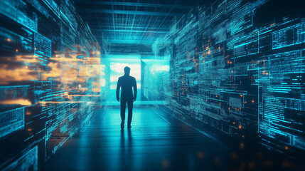 Businessman walking in futuristic server room with data flowing around him