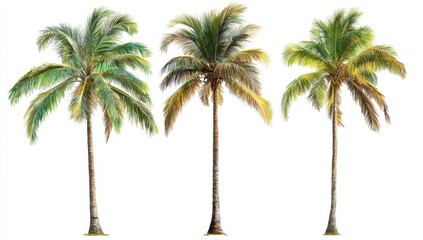 Four tropical palm trees in varying shades of green and brown against a white background.  Detailed and realistic depictions of palm tree species