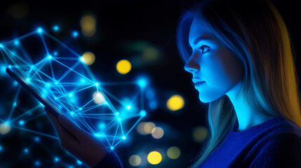 Woman using tablet with futuristic hologram showing connections and data flow