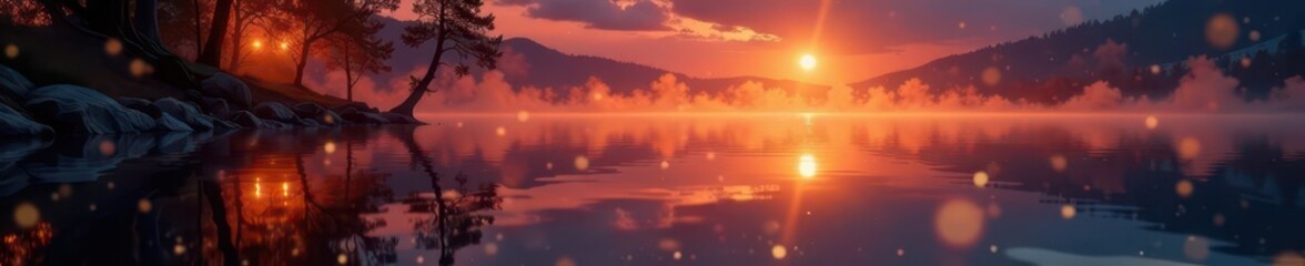 Wall Mural - Orange flames dance, lake's still surface mirrors fire , mystical, majestic