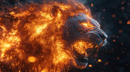 Wall Mural - Fiery lion roaring digital art dramatic fantasy dark environment close-up view power and majesty