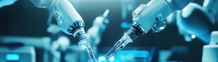Robotic arms collaborating in a laboratory setting high-tech innovation futuristic environment close-up view