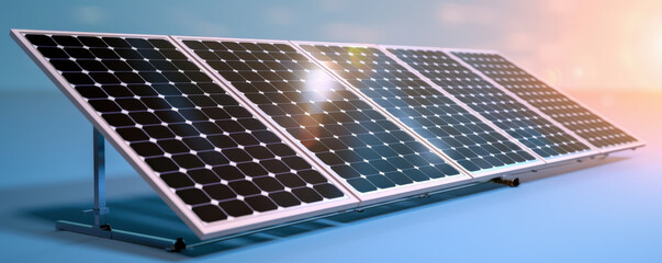 Aufkleber - row of solar panels is displayed on reflective surface, capturing sunlight to generate renewable energy. panels are angled to maximize efficiency, with bright sky in background
