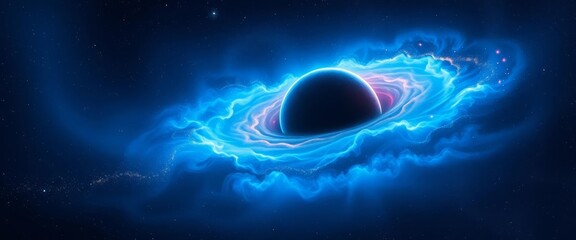ethereal blue nebula swirls around a vibrant planet, distant stars glitter, mystery, cosmic