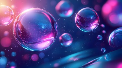 Wall Mural - colorful floating bubbles with glowing light effects against a deep blue background