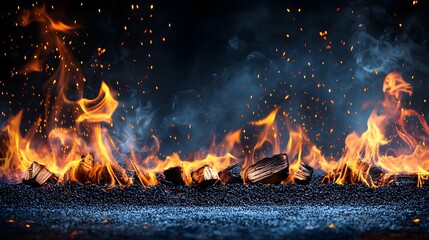 Wall Mural - Dynamic Flames and Glowing Embers Creating Intense Heat and Light in a Dark Environment