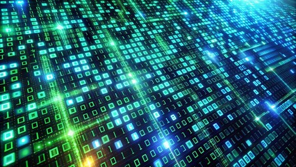 Aerial View: Binary Code on Digital Screen, Green and Blue Grid