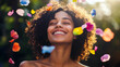 © I LOVE CUTE PNG`S - Young Woman Tossing Colorful Flower Petals Into the Air, Radiant Smile