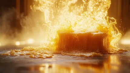 Wall Mural - Flowing liquid, golden color, covering cubic form on dark surface. Hot, luminous