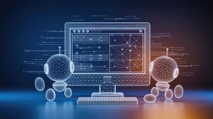 Abstract polygonal 3d illustration of computer screen and robotics in dark blue. Innovative web development, app or website design concept. Digital vector mesh with lines, dots, stars and particles 