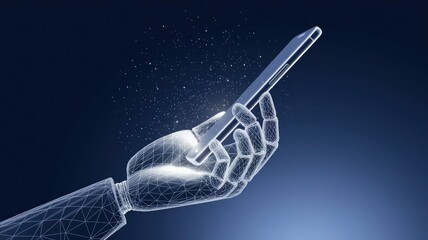 Abstract polygonal 3d image of robotics and hand holding phone in blue. Innovative UX or UI development mobile app or website concept. User experience, user interface vector mesh looks like starry sky