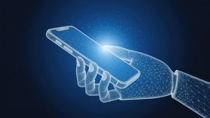 Abstract polygonal 3d image of robotics and hand holding phone in blue. Innovative UX or UI development mobile app or website concept. User experience, user interface vector mesh looks like starry sky