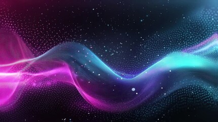Wall Mural - Futuristic abstract neon wave with glowing particles in a digital space. Seamless looping video