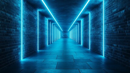 Wall Mural - futuristic abstract tunnel with neon blue light rays and glowing highlights, featuring a mysterious 