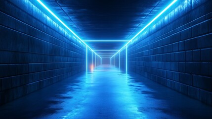 Wall Mural - futuristic abstract tunnel with neon blue light rays and glowing highlights, featuring a mysterious 
