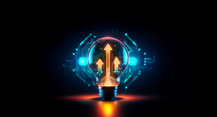 Poster - illuminated lightbulb with upward arrows inside, circuit design glows blue and orange against a dark