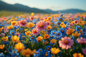 Wall Mural - field of wildflowers swaying gently in breeze under clear blue summer sky. concept of biodiversity a