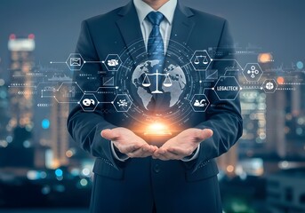 LegalTech. Businessman holds global legal technology (legaltech) with network connected to law firms, legal departments. Digital development aims to streamline legal processes, corporations.