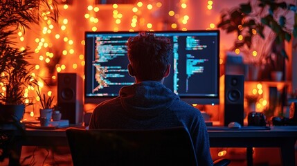Young programmer coding at night in a vibrant room.