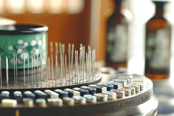 An organized display of various-sized acupuncture needles on a specialized stand, ready for use in traditional Chinese medicine therapy sessions, 32k Resolution