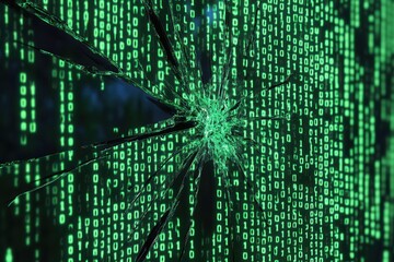 a shattered digital matrix with glowing green binary code.