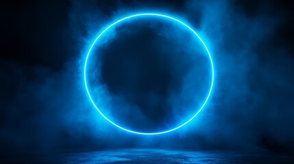 Wall Mural - futuristic round abstract tunnel with glowing blue neon circle light arches, radiating rays, and mys