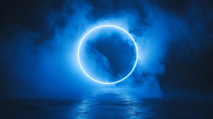 Wall Mural - futuristic round abstract tunnel with glowing blue neon circle light arches, radiating rays, and mys