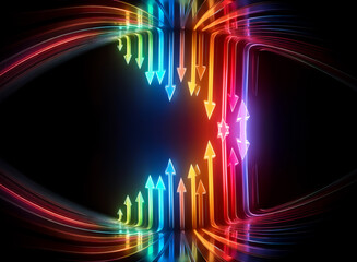 Wall Mural - vibrant, multicolored neon arrows ascend on a dark reflective surface, symbolizing growth and progre