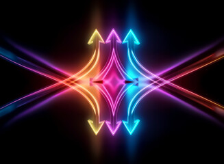 Wall Mural - three vibrant neon arrows arc upward, converging at their points, reflecting on a dark, glossy surfa