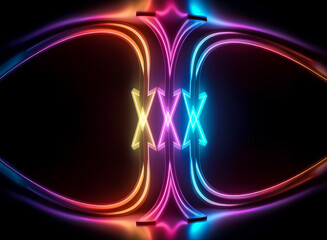 Wall Mural - three vibrant neon arrows arc upward, converging at their points, reflecting on a dark, glossy surfa