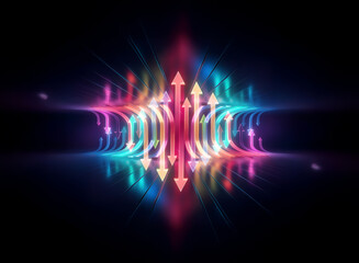Wall Mural - vibrant, glowing arrows arc upward in a radiant display, reflecting on a dark, glossy surface, symbo