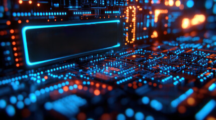 A computer chip with a blue and orange background