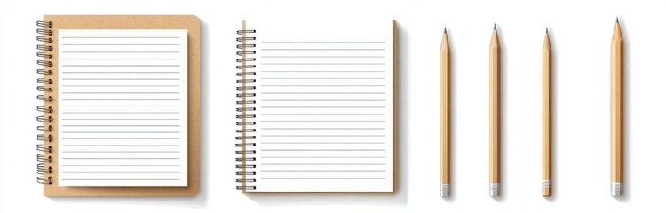 Wall Mural - A set of three notebook and pencil mockups, each in brown kraft paper with white lined pages, presented on an isolated white background