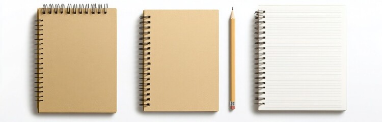 Wall Mural - A set of three notebook and pencil mockups, each in brown kraft paper with white lined pages, presented on an isolated white background