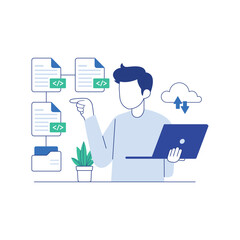Software developer using online processing service, downloading and uploading digital files for protective storage